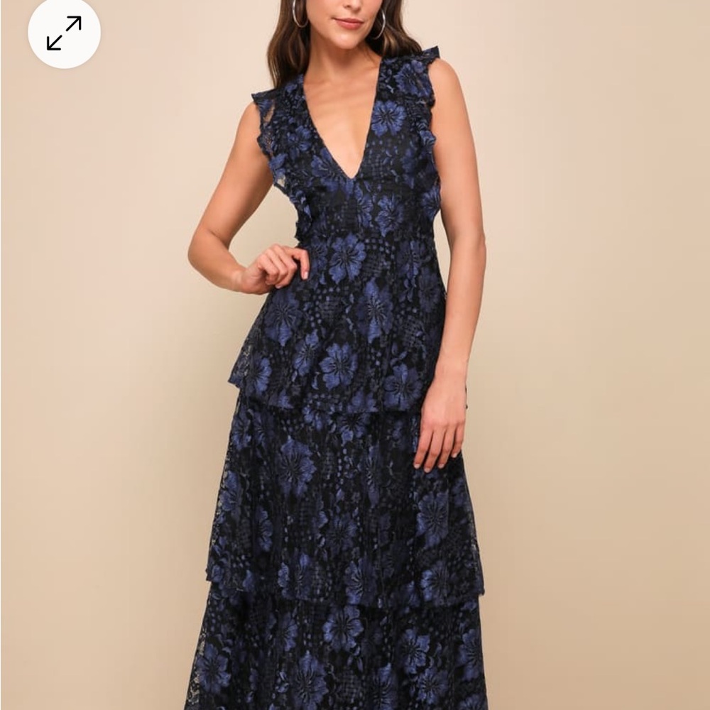 NWT Lulus Navy Blue Floral Molinetto Dress Size Large, Prom Dress, Wedding Guest